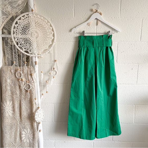 NWT Zara Green Cotton High Waist Belt Wide Leg Pants - Picture 7 of 13